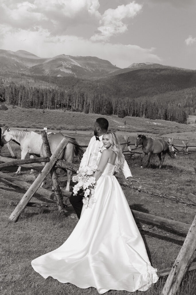 Bride and groom portraits in Colorado at Devil's Thumb Ranch