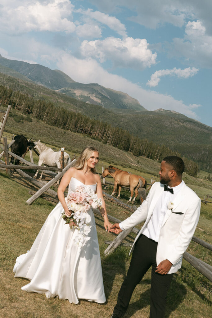 Bride and groom with mountain views at Devil’s Thumb Ranch