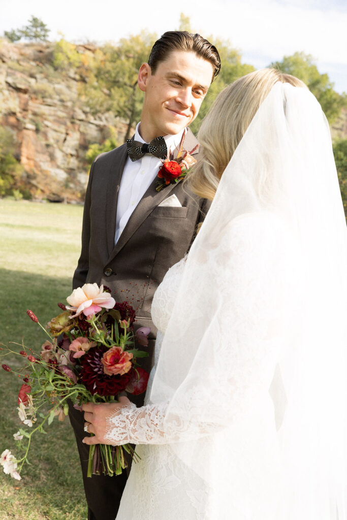 Bride and groom portraits in Colorado at Planet Bluegrass
