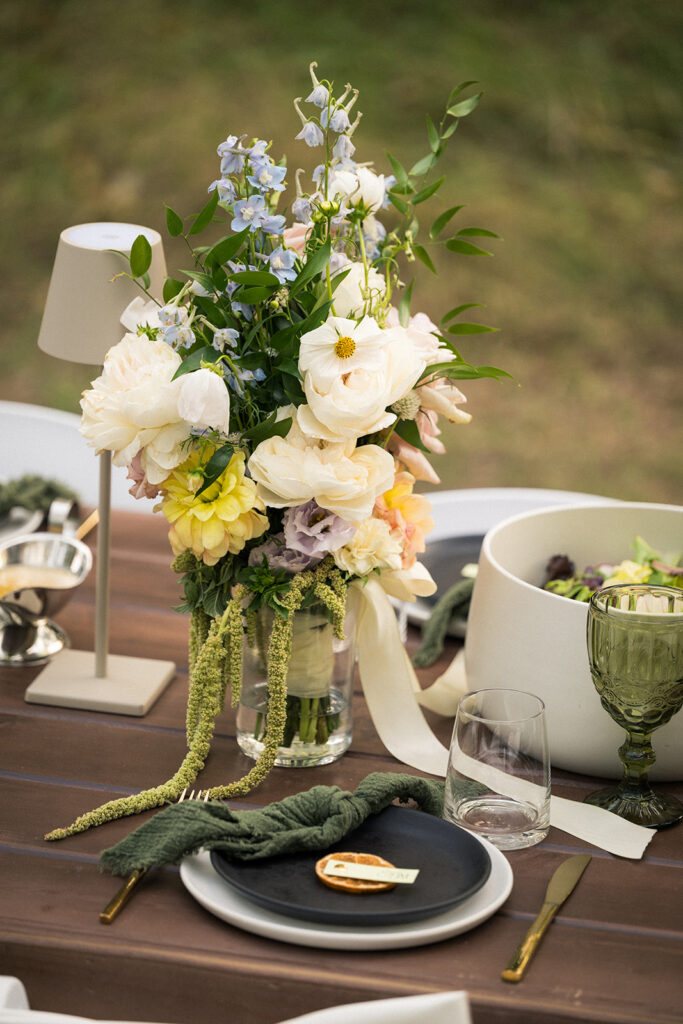 Family style wedding dinner details at Salt and Acres in Colorado