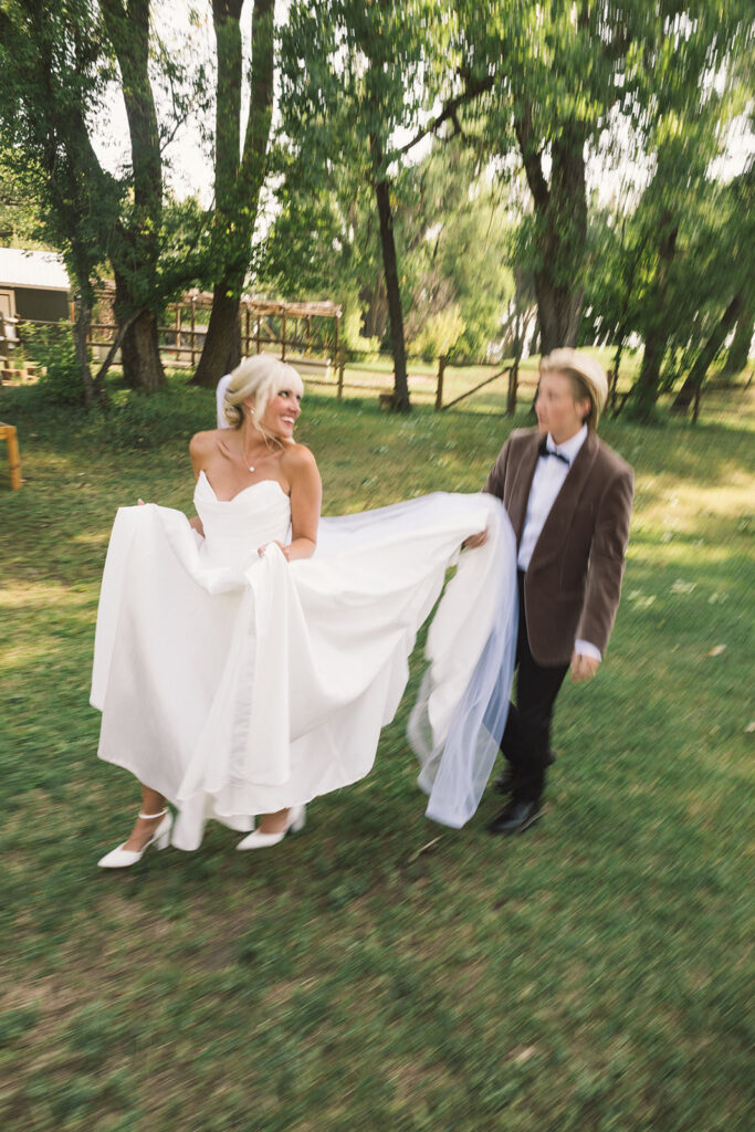 Bride and bride photos in the trees during golden hour