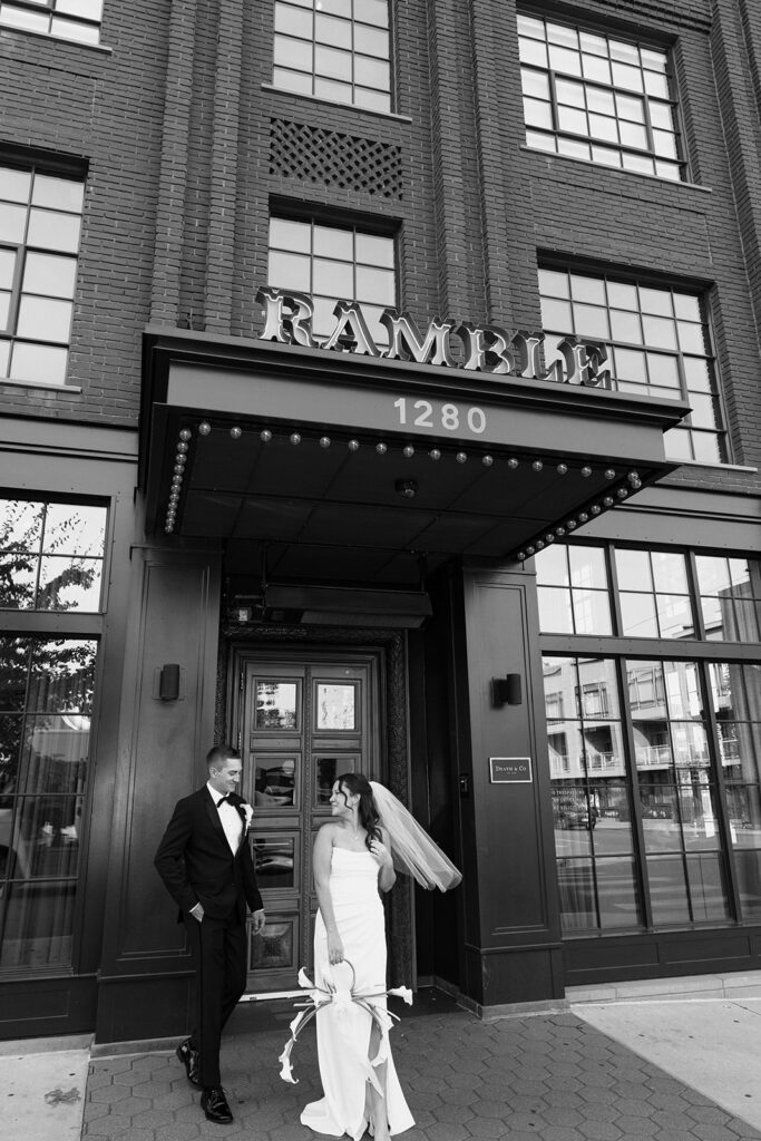 Wedding photos outside of The Ramble Hotel in Colorado