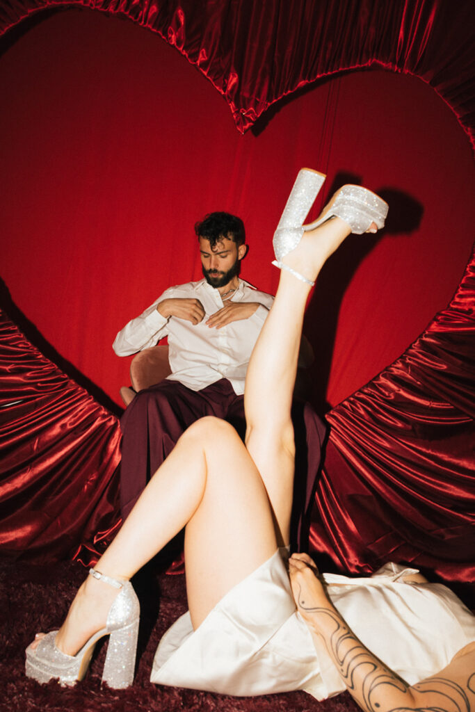 Retro Valentine's Day inspired engagement photos in-home