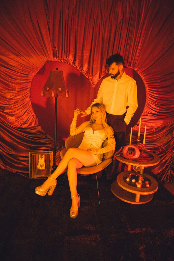 Retro Valentine's Day inspired engagement photos in-home