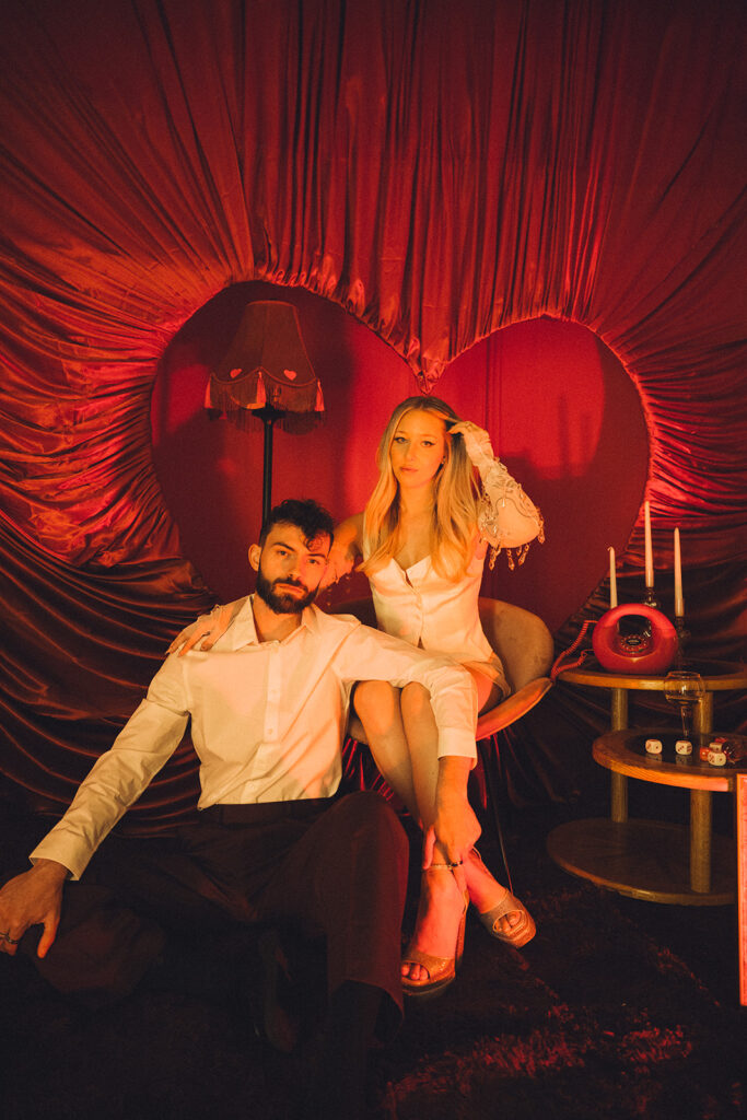 Retro Valentine's Day inspired engagement photos in-home