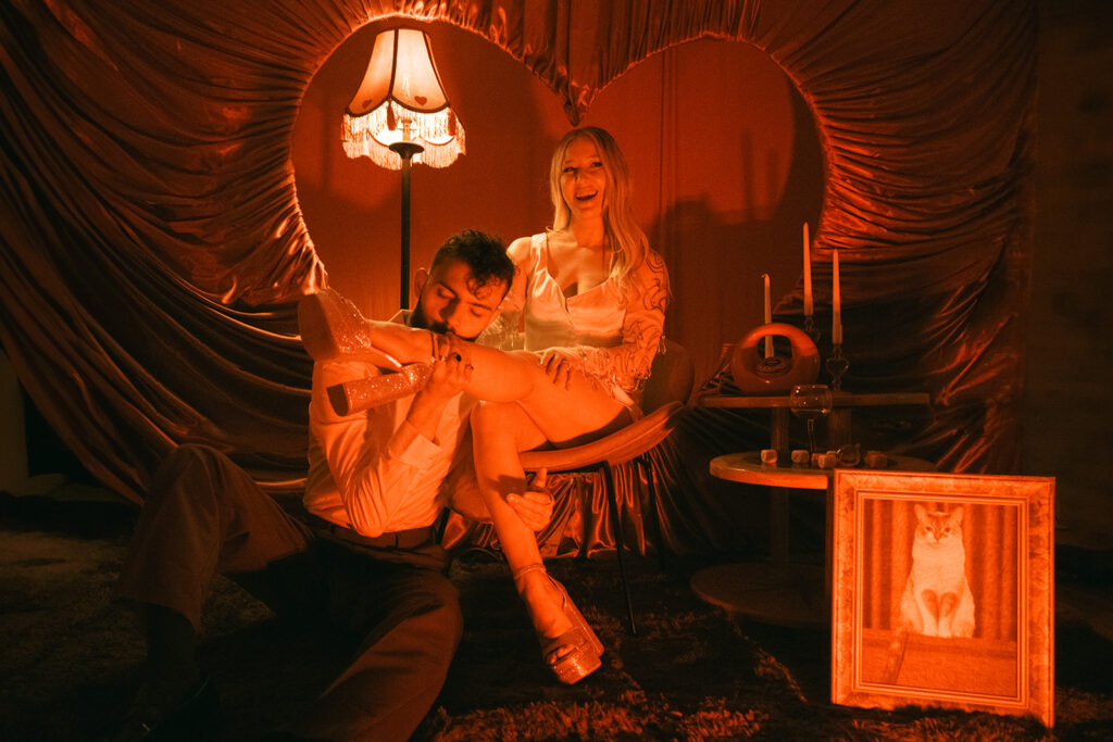 Retro Valentine's Day inspired engagement photos in-home