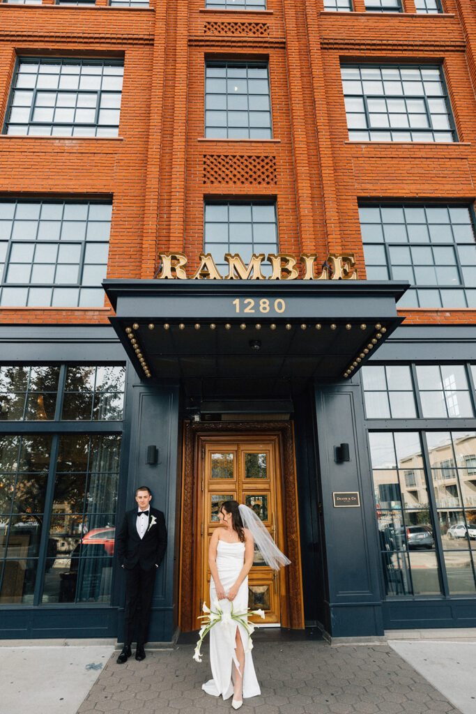 Wedding photos outside of The Ramble Hotel in Colorado