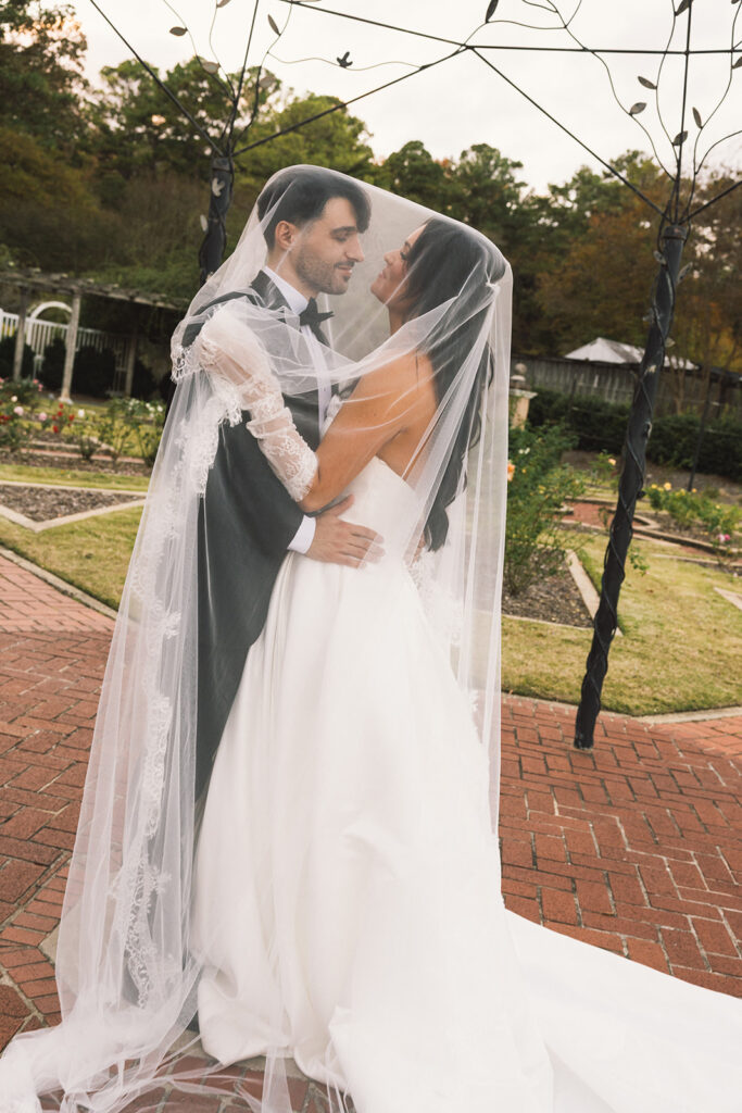 Bride and groom photos at Birmingham Botanical Gardens in Alabama